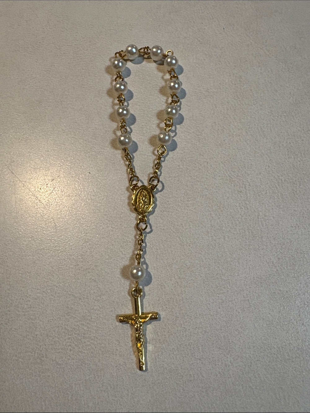 Catholic One-Decade Pearl Rosary with Gold-Tone Crucifix